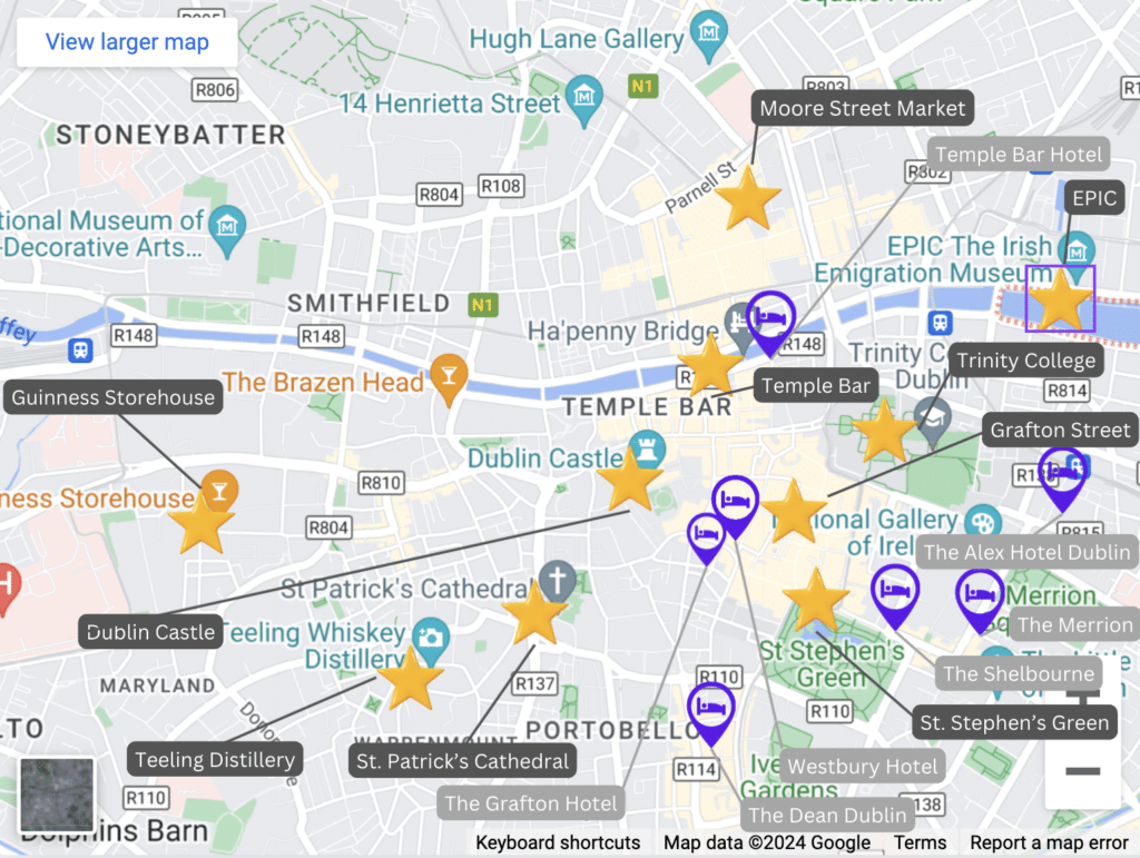 A map of hotels and attractions in Dublin, Ireland.